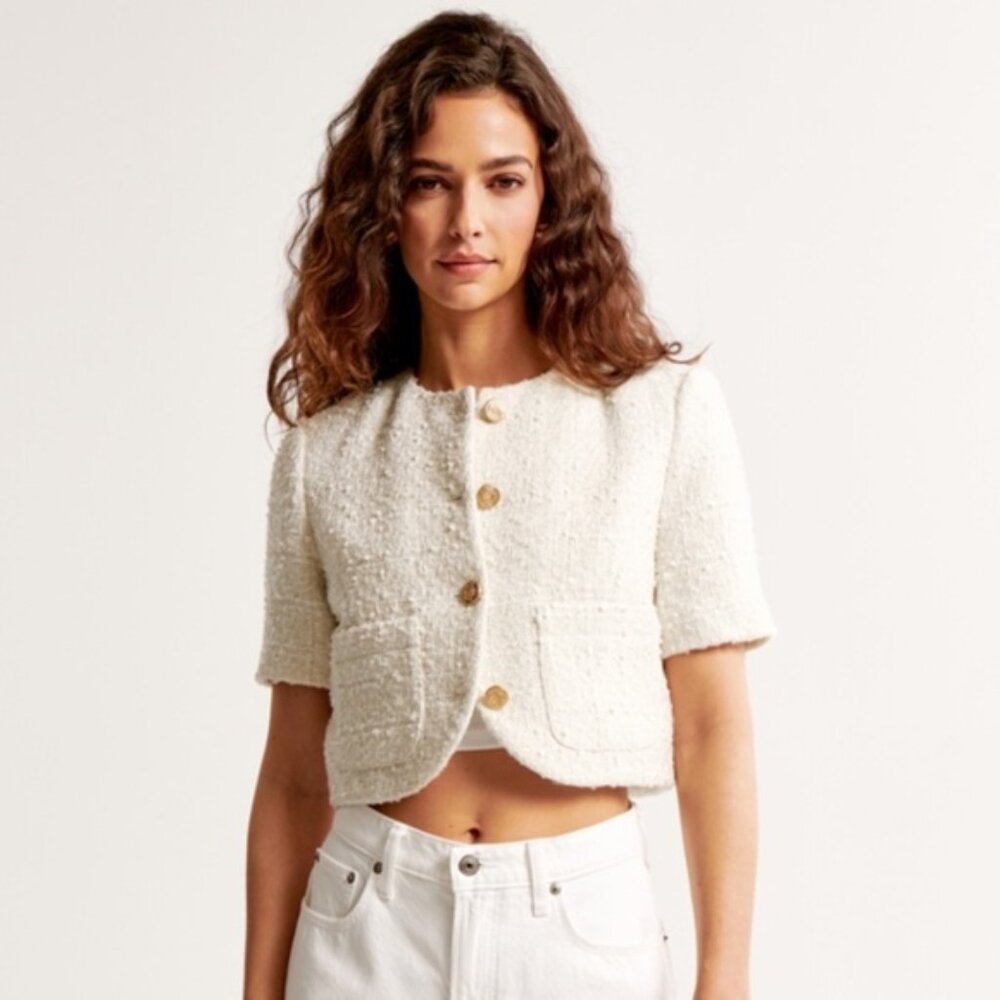 NEW - Abercrombie Cropped Tweed Jacket - Short Sleeve Bouclé  - XXS NWOT